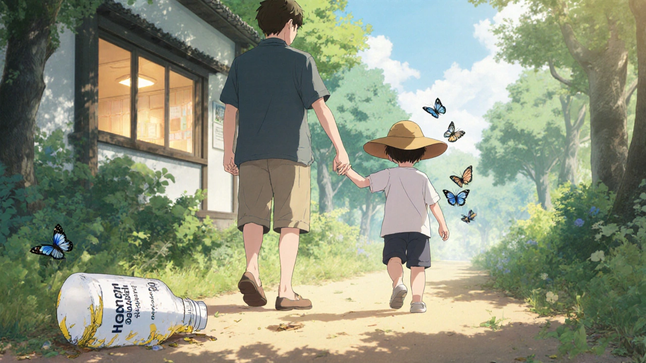 Vanhempi ja lapsi kävelevät puistossa, päähine ja auringonsuojavarusteet.