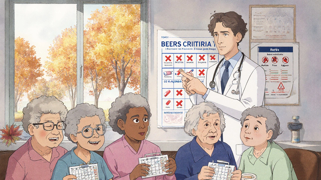 Vanhojen ihmisten ryhmäkuva lääkikatsauksessa, jossa näkyy Beers-kriteerit ja lääkejärjestyslaitteet.
