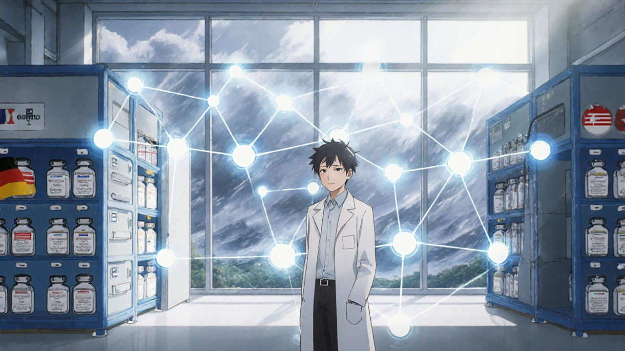 Varasto kolmessa eri maassa, vialit ja holografiset yhteydet valaistuna aurinkoisessa valossa.