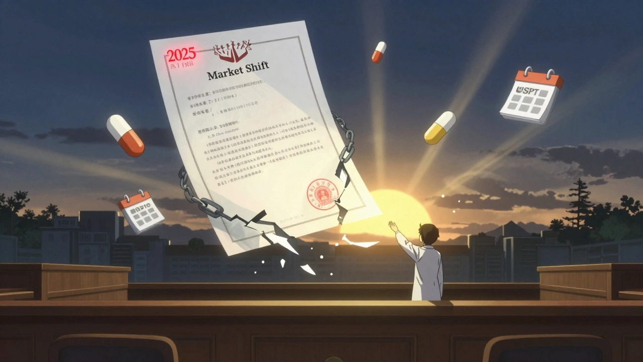 A patent expiration breaking apart as generics rise toward a 2025 market sun.