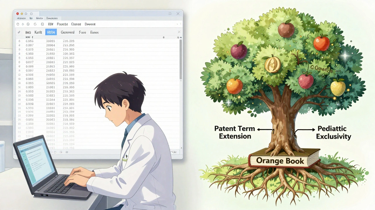 A researcher analyzing patent data with a symbolic tree representing drug exclusivity.