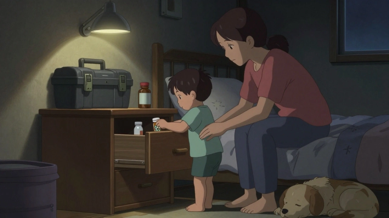 Äiti sulkee yöpöydän laatikon, lapsi seisoo sen edessä, lukittu työkalulaatikko näkyy taustalla.