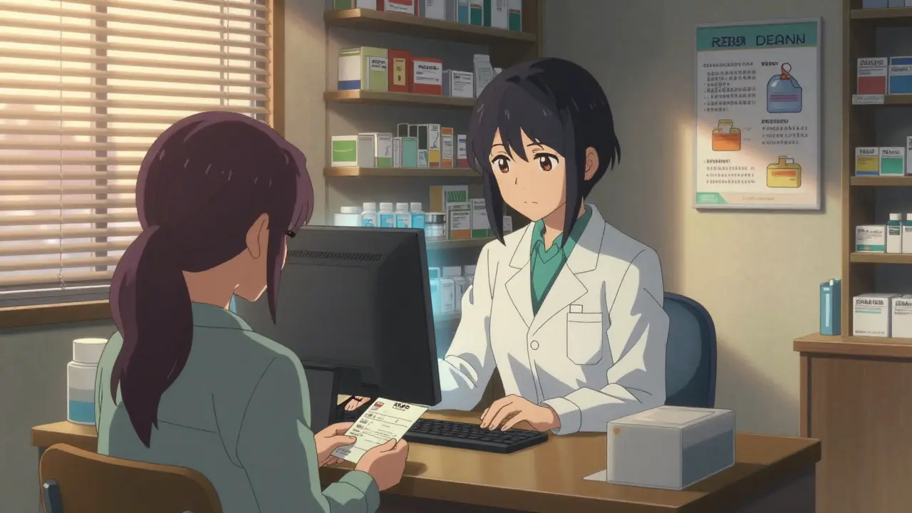 Apoteekkari tarkistaa REMS-sertifioinnin potilaan reseptin kera.