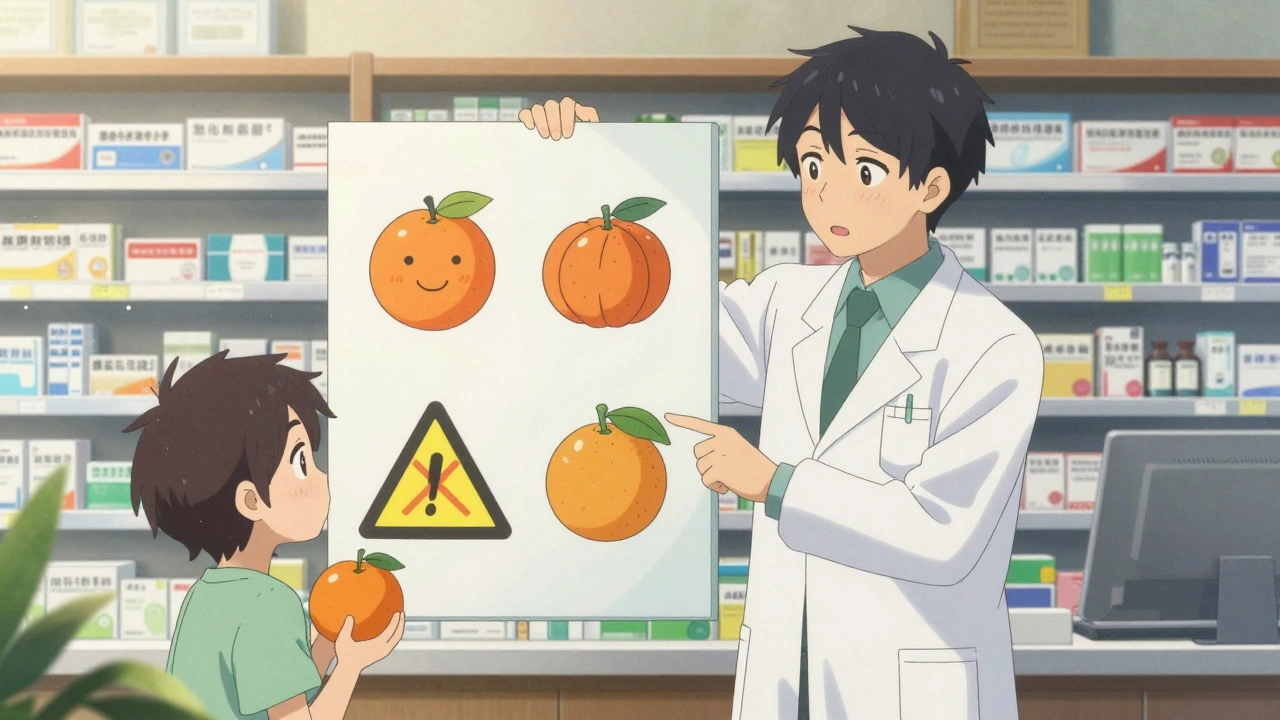 Apteekkarin näyttö pomelon ja orkaanin vaaroista apteekissa.