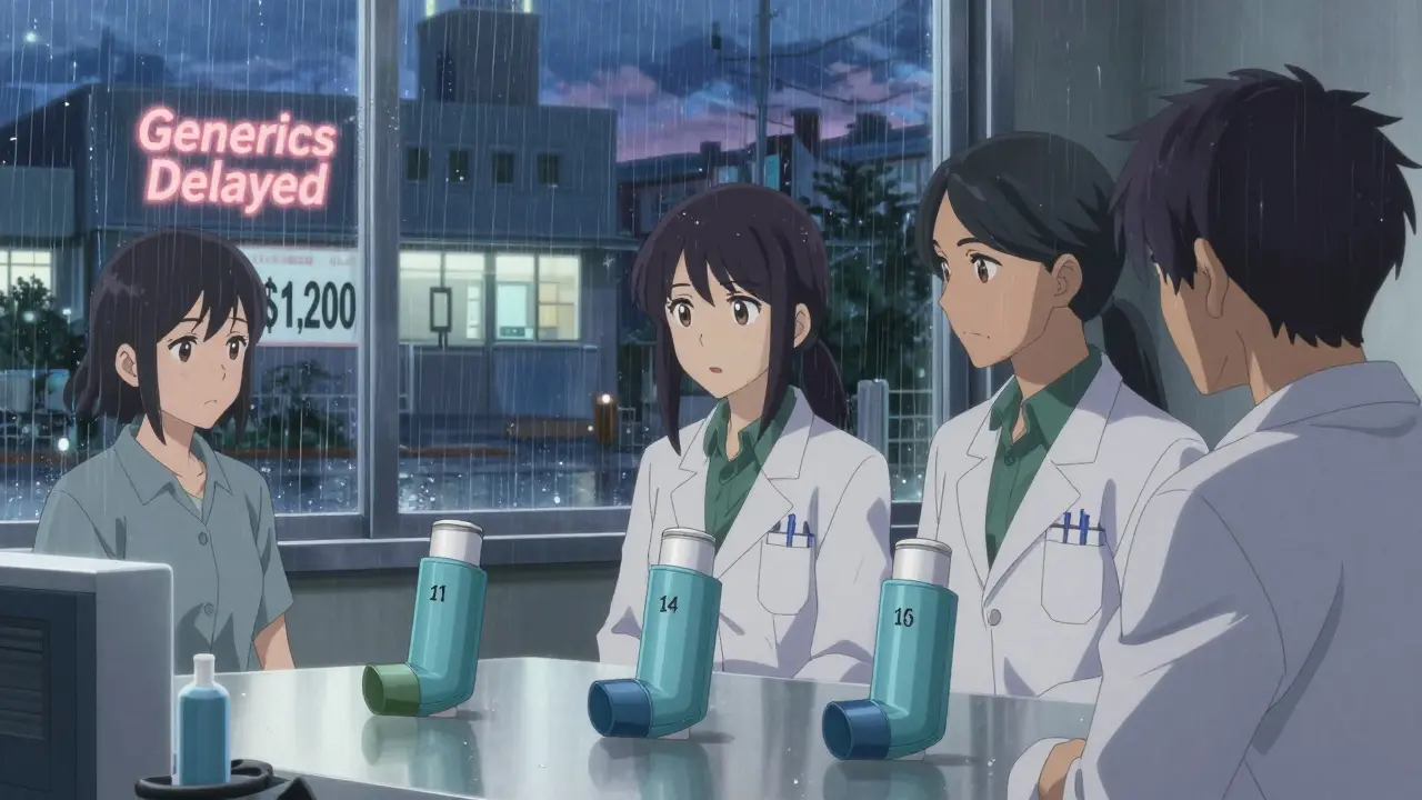 Engineers beside three failed inhaler prototypes, patient outside sees 00 price tag.