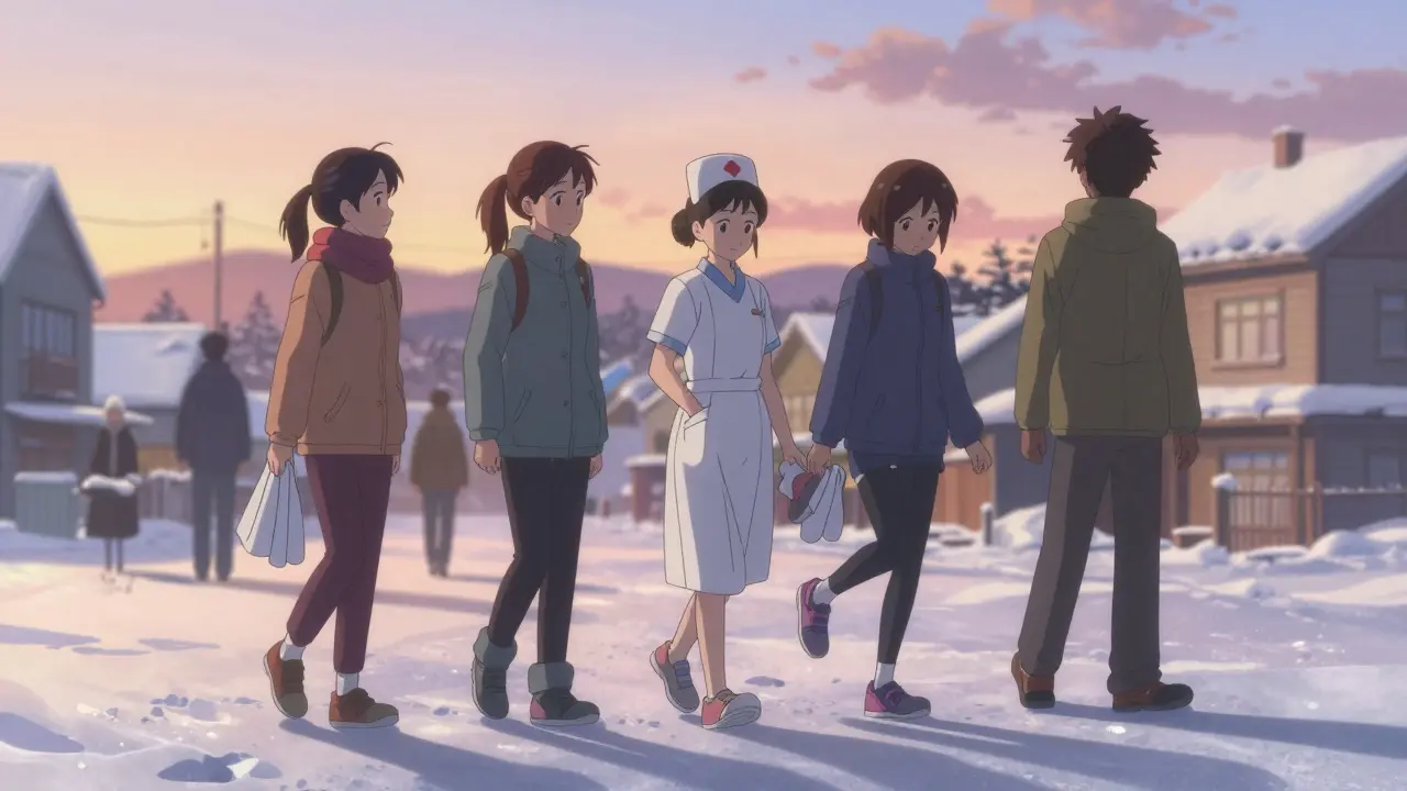 Erilaiset ihmiset kävelevät lumisessa kaupungissa tukevissa kengissä.