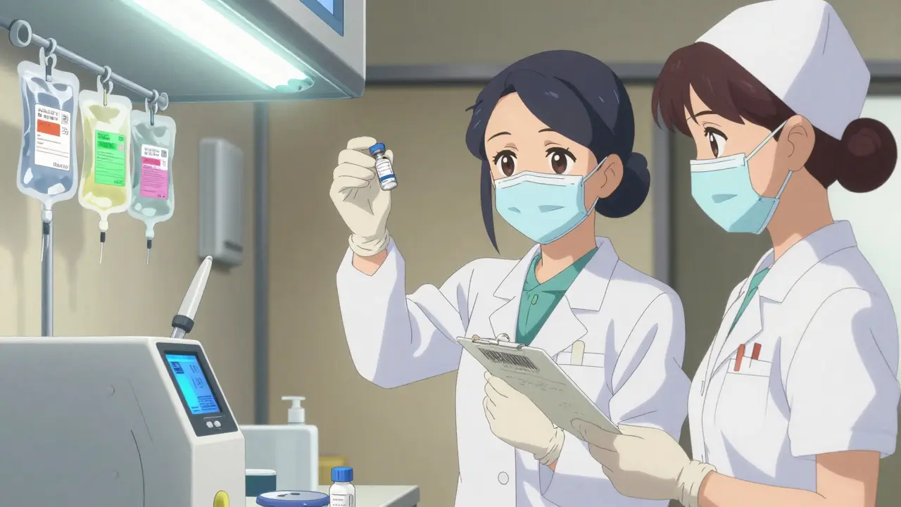 Farmaseutti ja hoitaja tarkistavat kemoterapia-aineen valmistuksen.