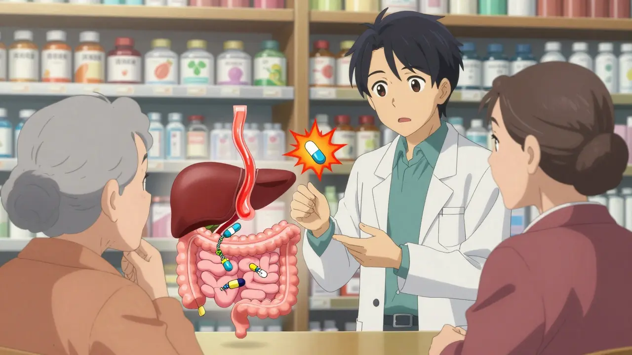 Farmaseutti selittää vanhalle naiselle lääkkeiden ja ruoan vuorovaikutuksia animoidulla elimistökaaviolla.