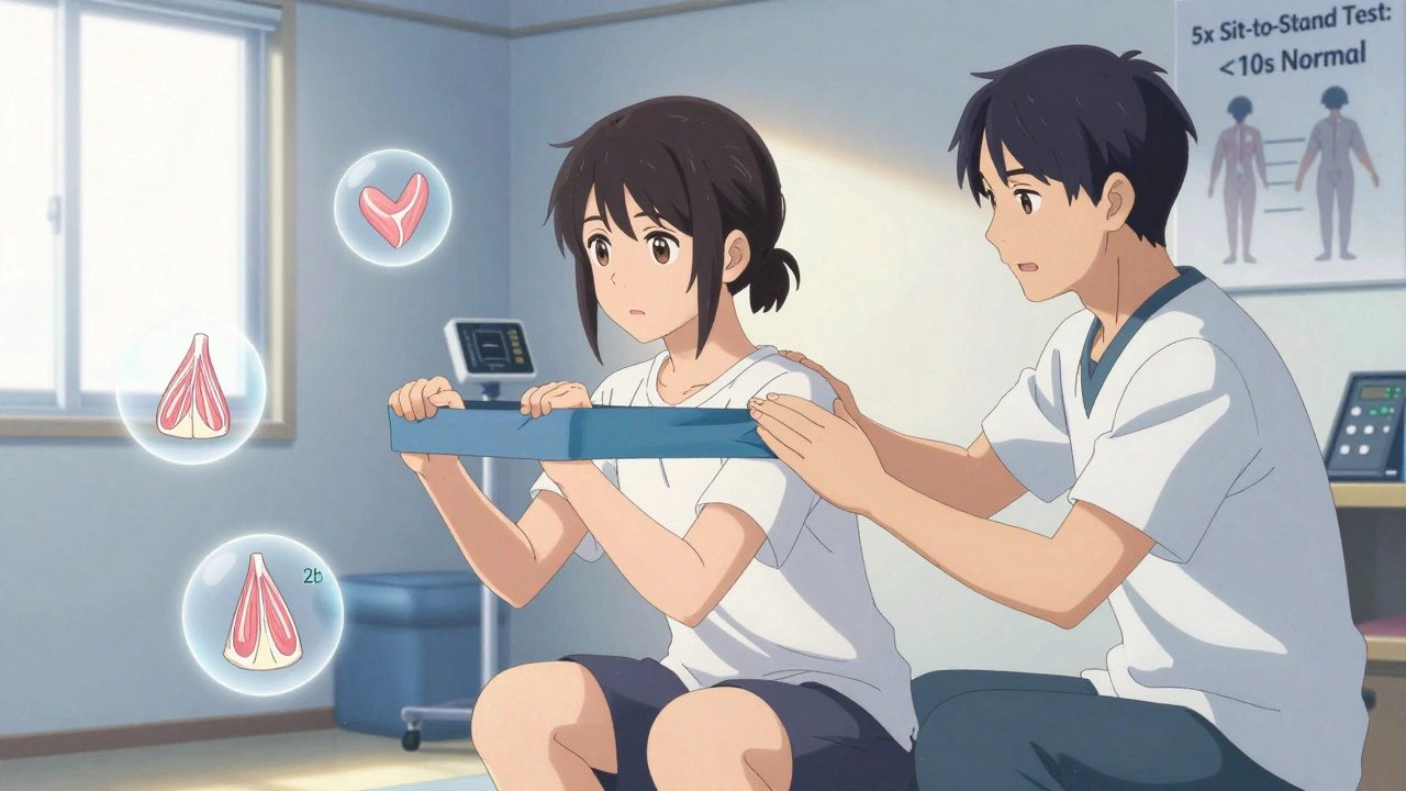 Fysioterapeutti opastaa potilasta kevyellä vastusvoimaharjoituksella.