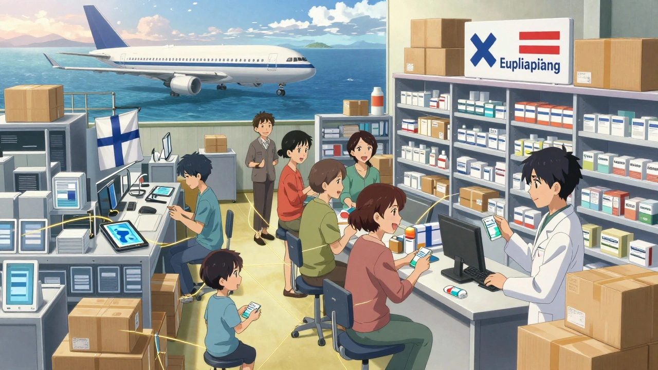 Globaali lääkkeiden jakeluketju: tehdas, lentokone ja apoteekki yhdistettynä hopeisilla johdoilla.