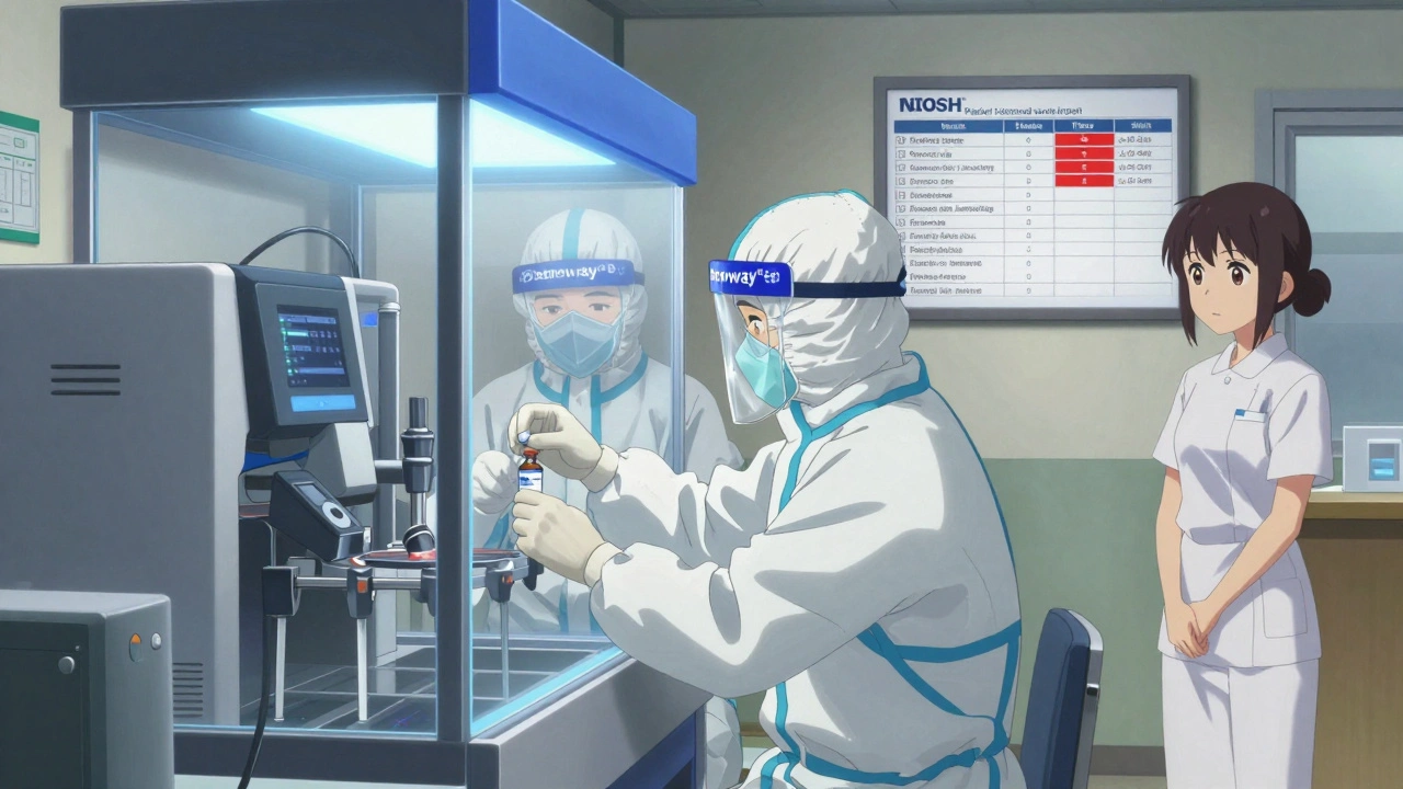 Healthcare workers preparing a hazardous cancer drug in a sealed automated system with safety shields.