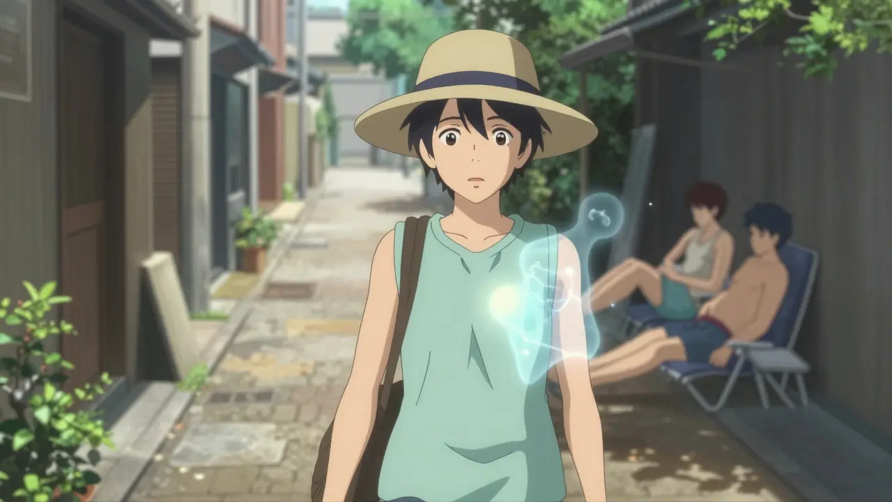 Henkilö kävelee varjoisella polulla keskipäivällä, käyttää suojavaatteita ja hattua, välttäen auringonvaloa.