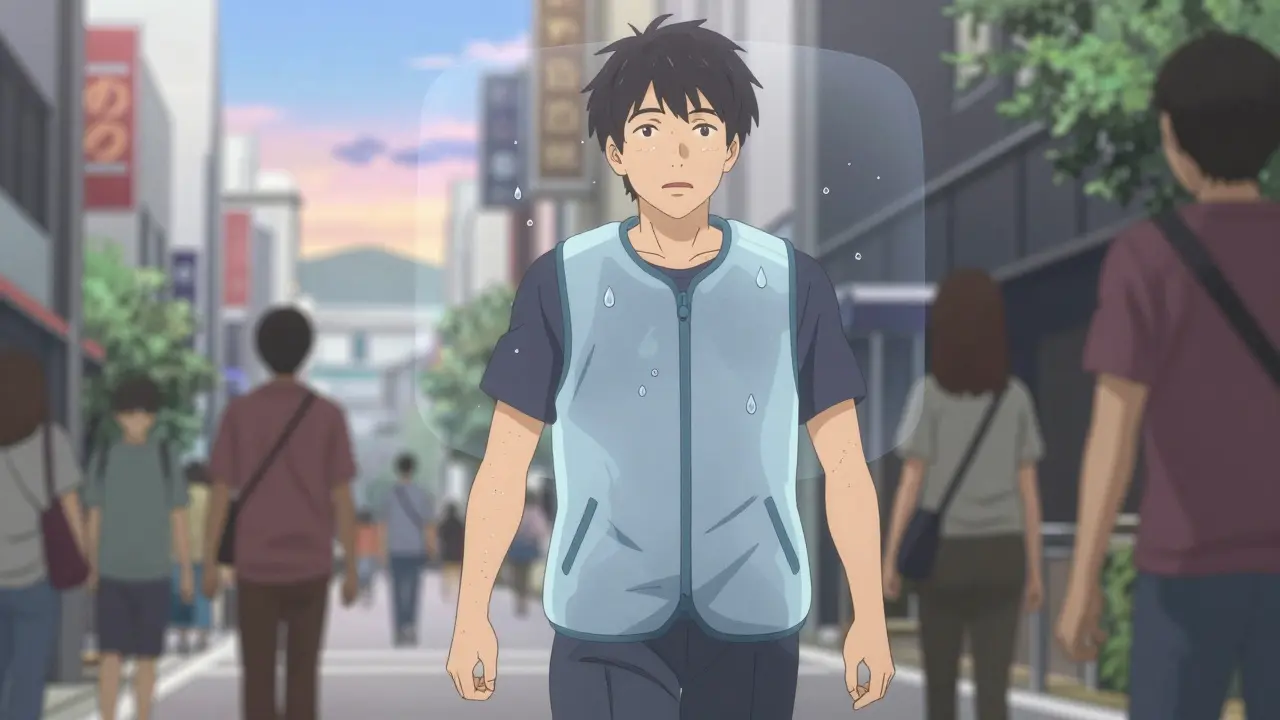 Ihminen käyttää viileää vaatetusta kaupungissa, hikitys vähentynyt.