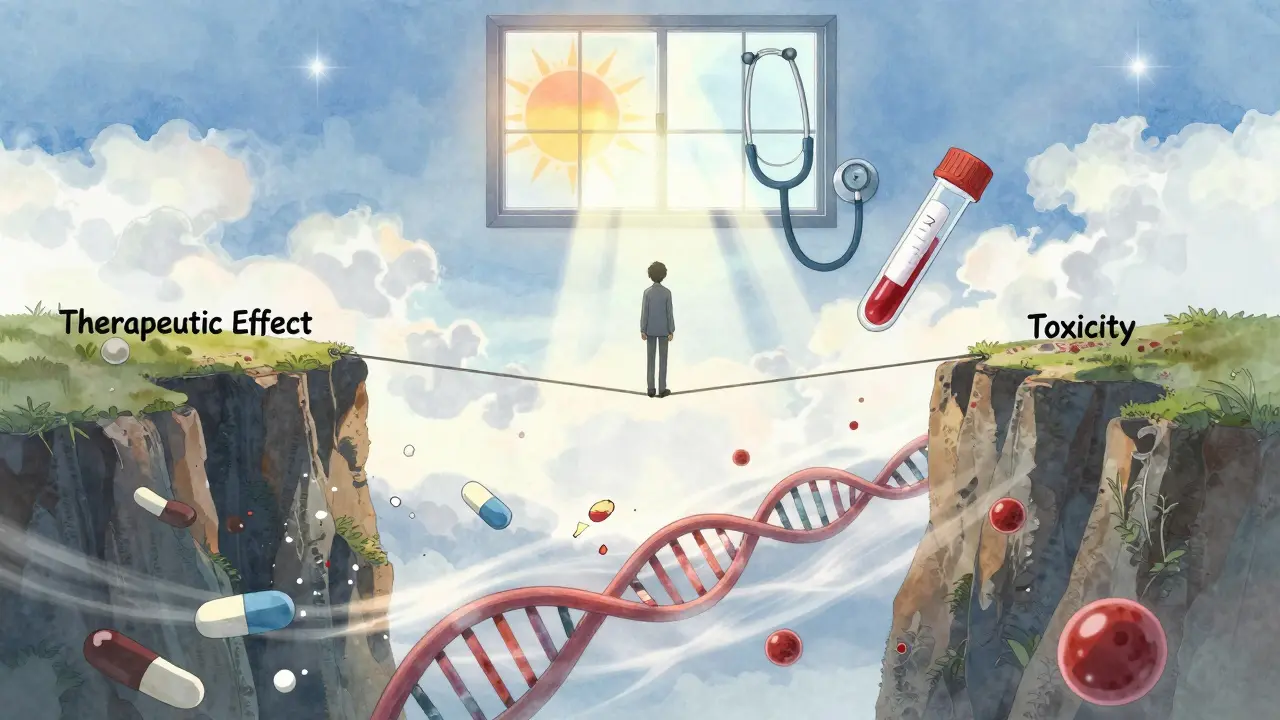 Ihminen tasapainoilee ohuella köydellä terapeuttisen vaikutuksen ja myrkyllisyyden välillä, taustalla lääkkeiden ja geenien symbolit.