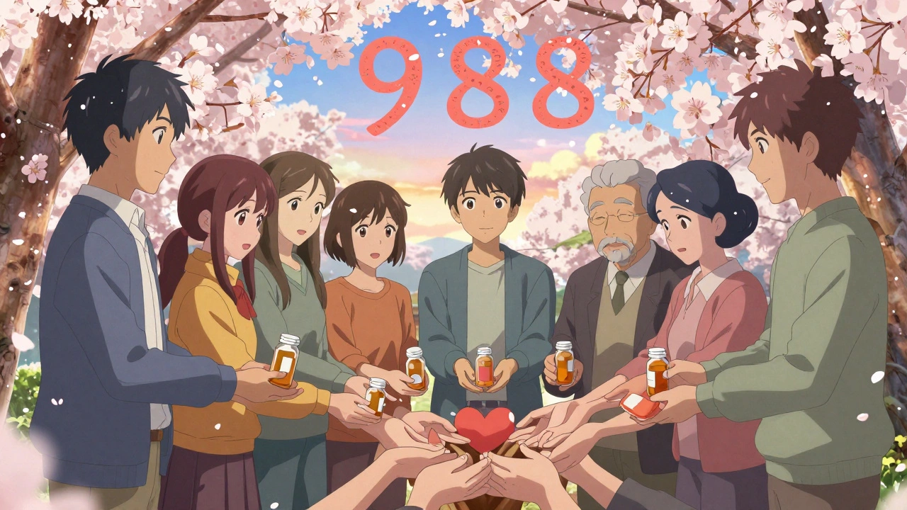 Ihmiset laittavat lääkepulloja puuhun, joka kasvaa käsiä ja sydämiä yhdistäen, kirsikankukat kaatuvat ympäri.