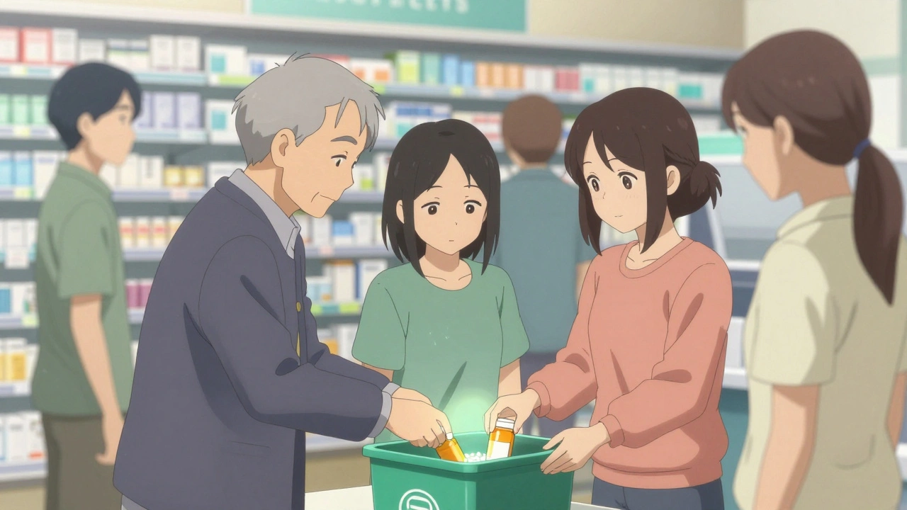 Ihmiset laittavat lääkkeitä apteekin turvalliseen palautusastiaan.