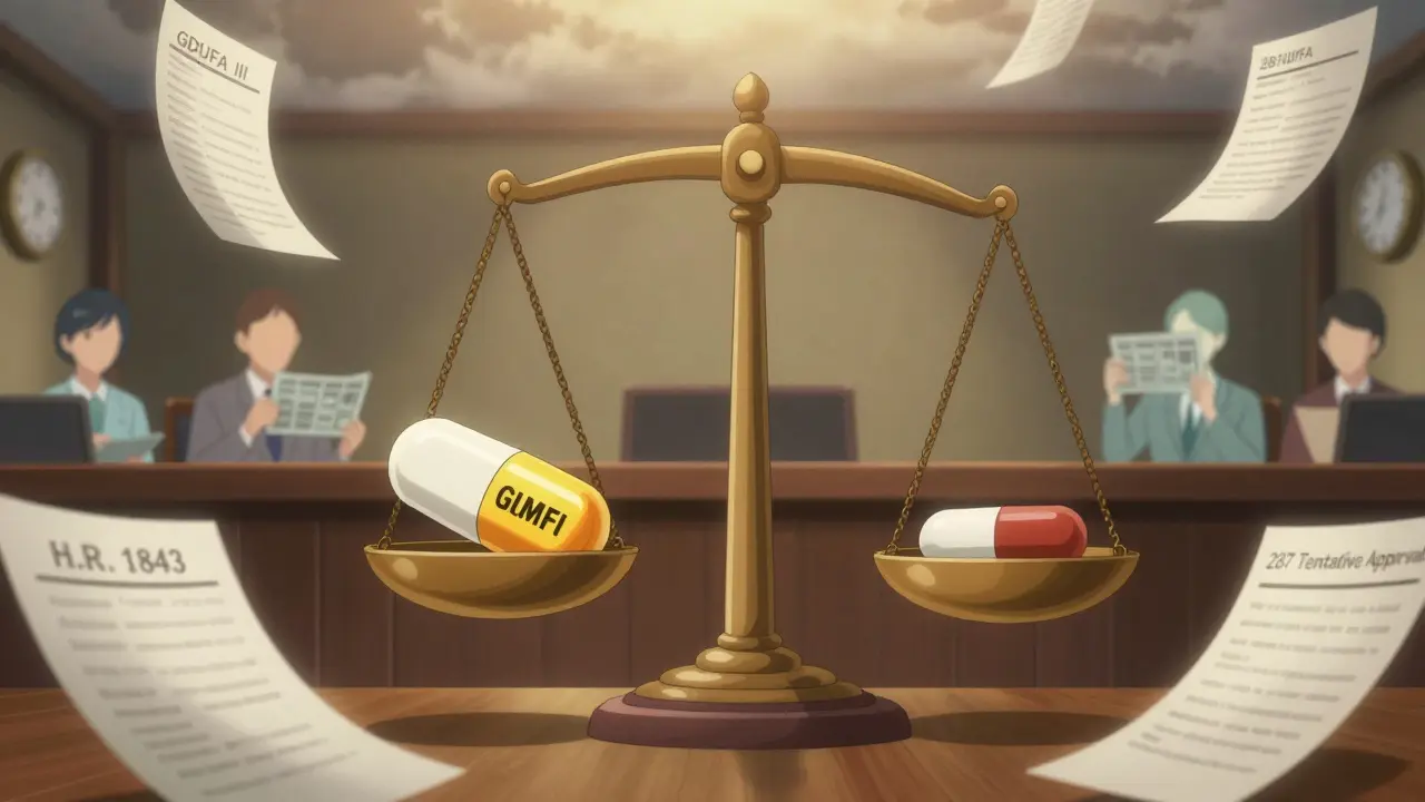 Justice scale balancing branded drug and generic pill, surrounded by legal documents and patient silhouettes.