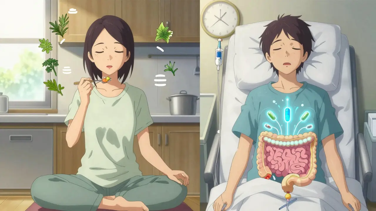 Kaksi elämäntapaa: rauhallinen ruoanlaitto ja hoito infuusion kanssa, sama henkilö.