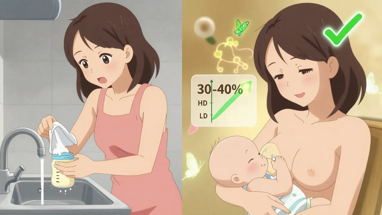 Kaksi kuvaa: äiti hylkäämässä maitoa vs. rinnanhoitamassa antibioottien kanssa.