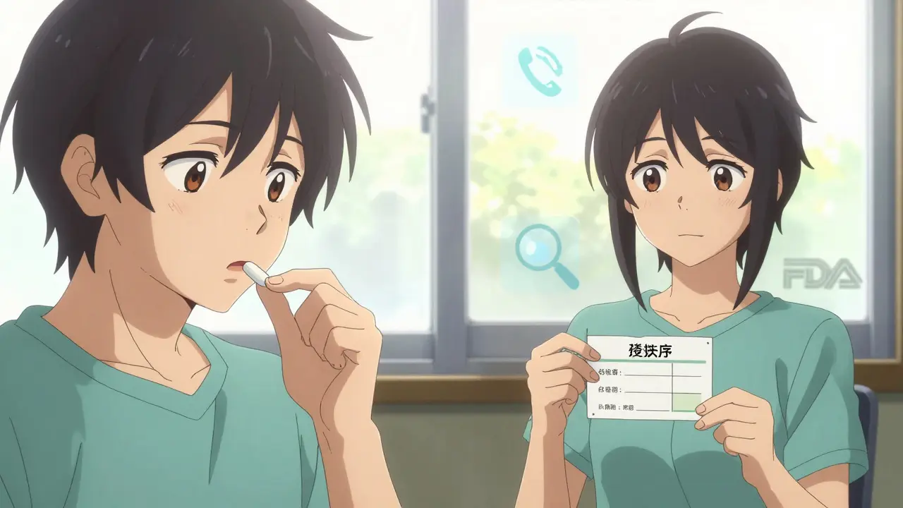 Kaksi kuvaa: ensin huolissaan ottaa lääkkeen, sitten iloisena tarkistettua etikettiä.