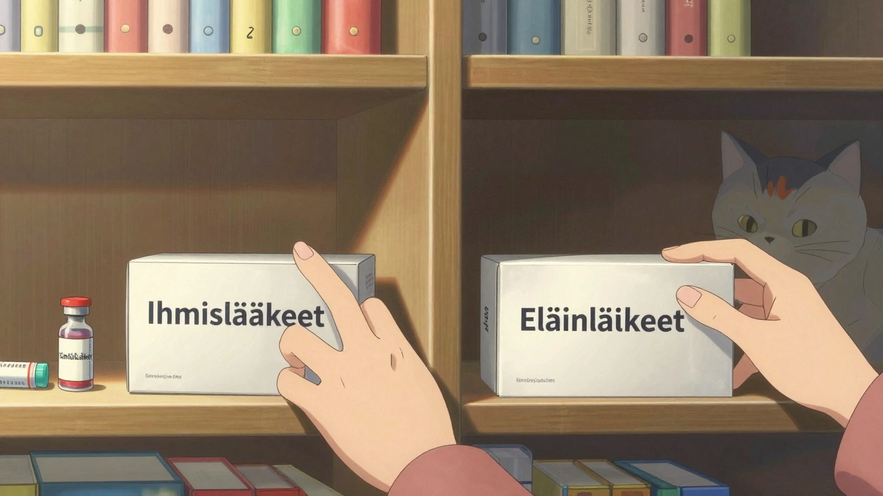 Kaksi lukittua laatikkoa erillään hyllyllä, yksi ihmislääkkeille ja toinen eläinlääkkeille.