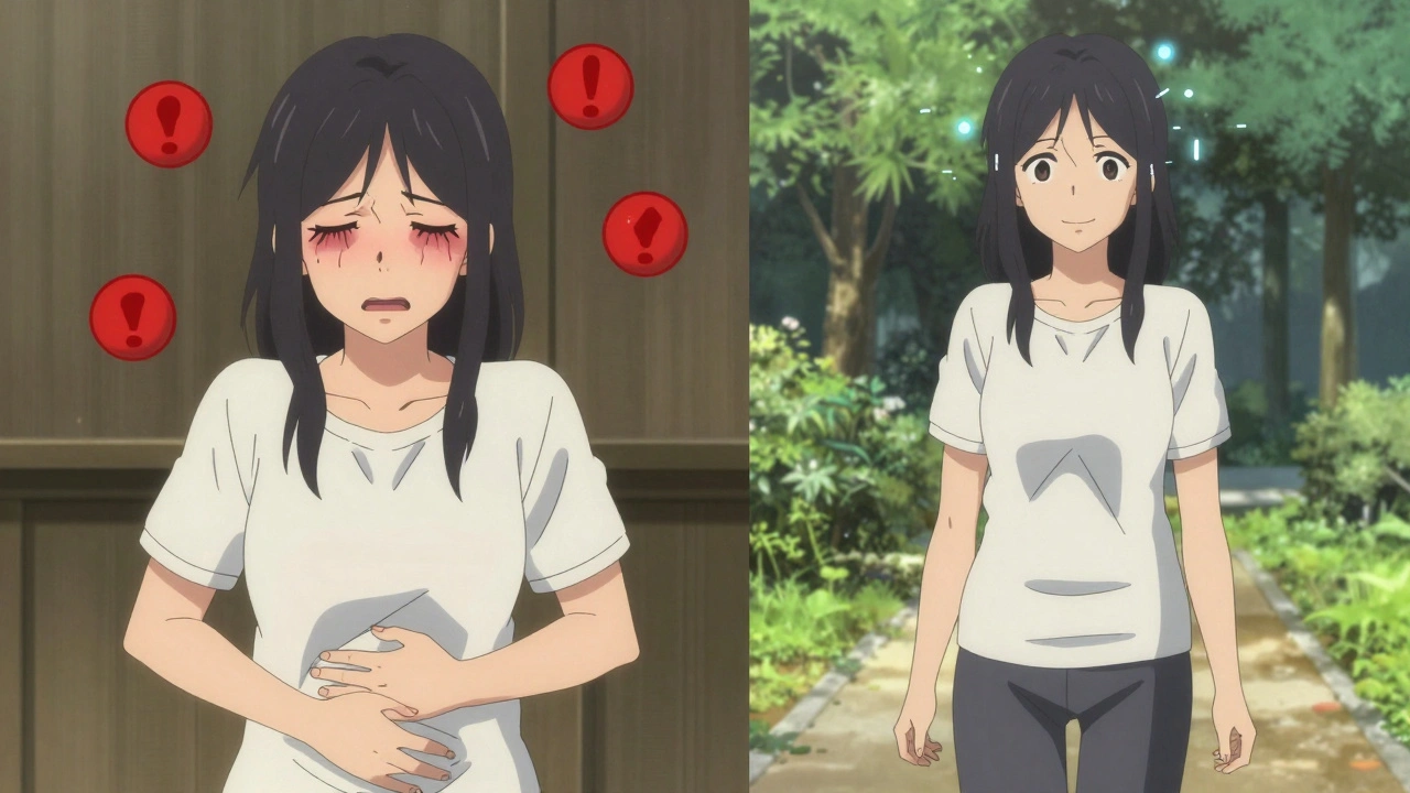 Kaksi näkymää samasta naisesta: ensin kivu ja sivuvaikutukset, sitten rauhallinen kävely puistossa.