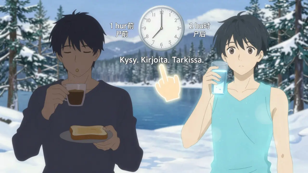 Kaksi näkymää: vasemmalla lääke ei toimi ruoan kanssa, oikealla se toimii tyhjään vatsaan, keskellä viesti 'Kysy. Kirjoita. Tarkista.'