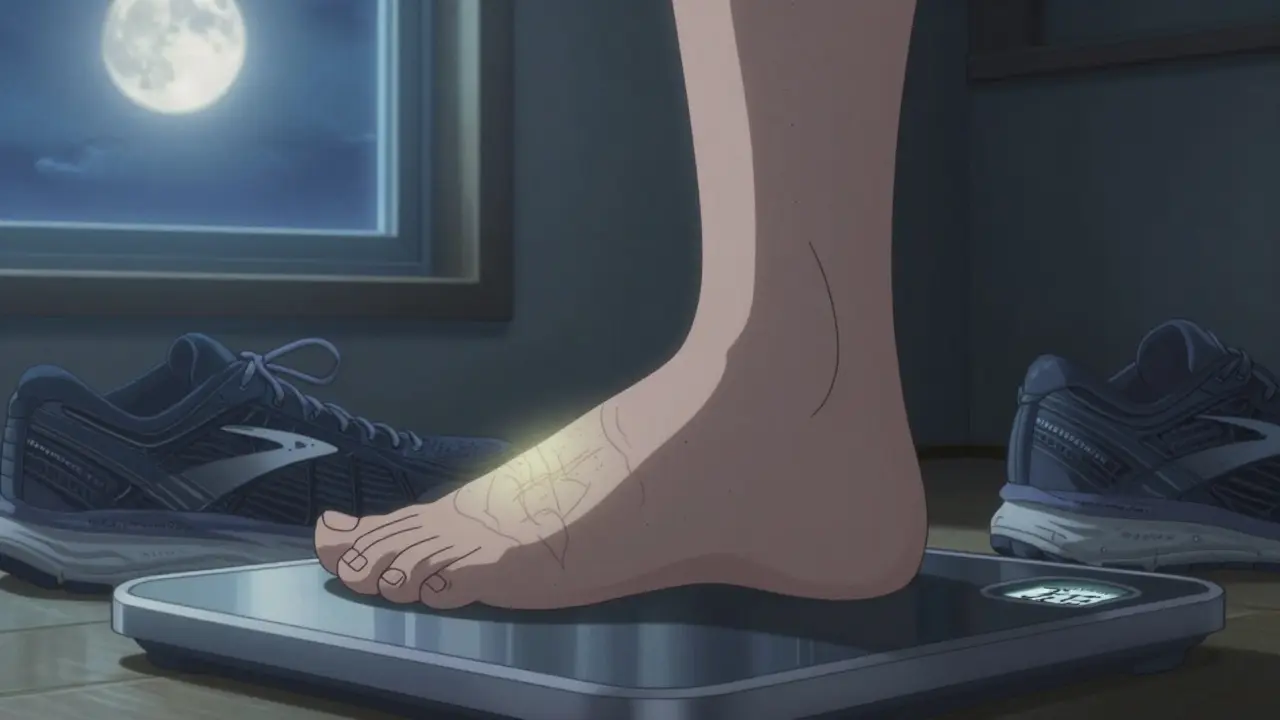 Kengän sisällä näkyvä jalkaterän tuki ja BMI-arvo.