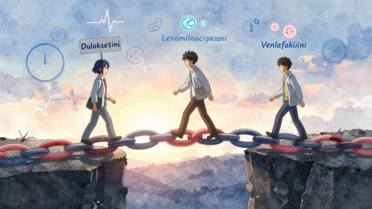 Kolme henkilöä kulkee hermosignaalien muodostamaa siltaa kivun ja masennuksen yli.