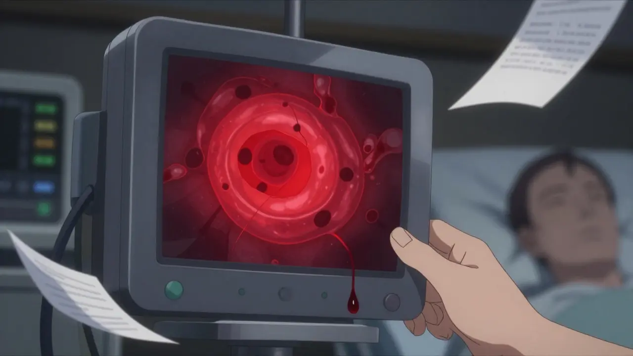 Kolonoskopian näytöllä näkyy tulehdukset ja verenvuoto, potilas sairaalavuoteessa.