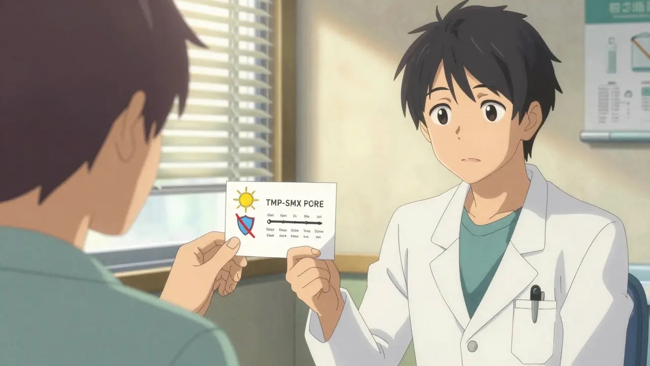 Lääkäri antaa reseptin, jossa on varoitusmerkki auringonvalon vaaroista ja vaikutuksen kestosta.