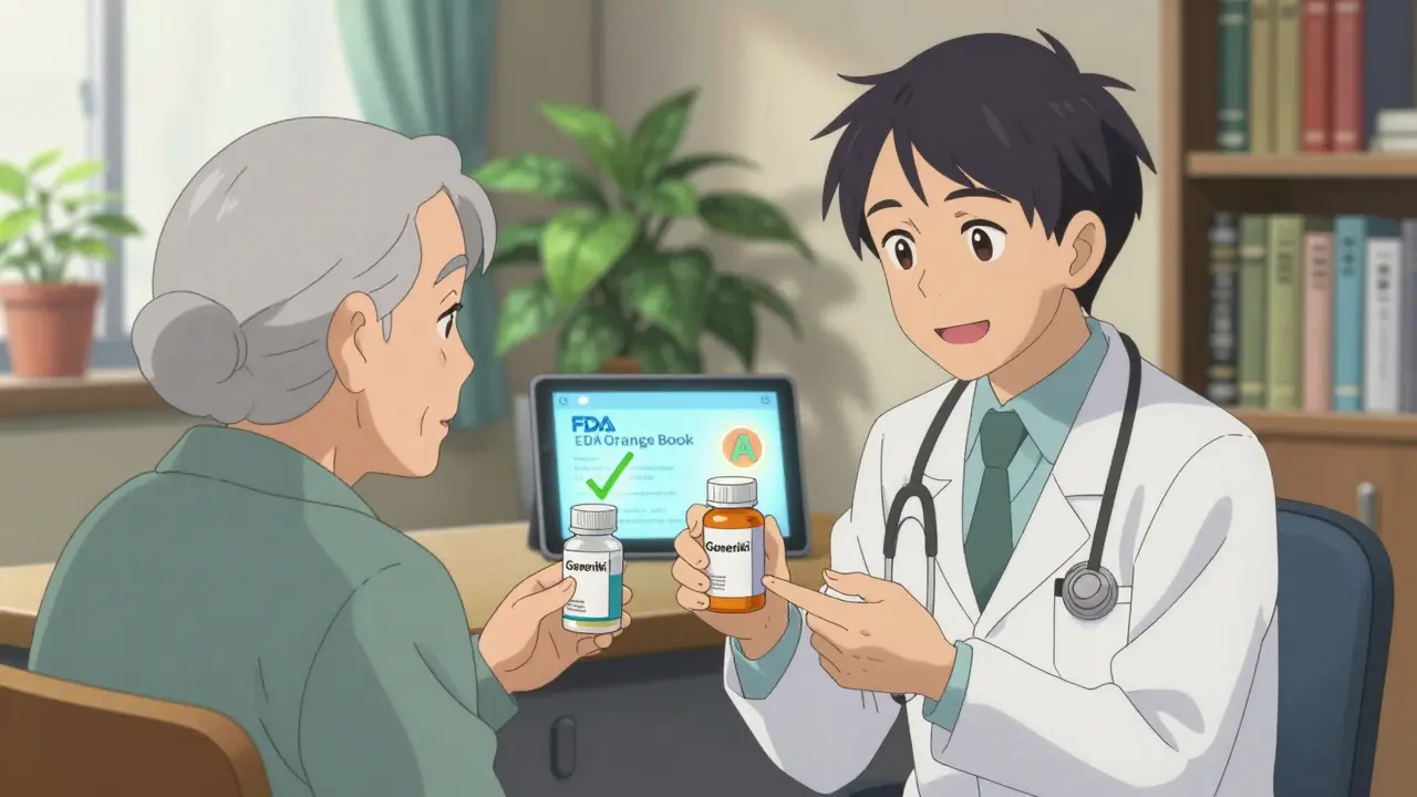Lääkäri selittää potilaalle, että generiikko on yhtä tehokas kuin brändiniminen lääke.