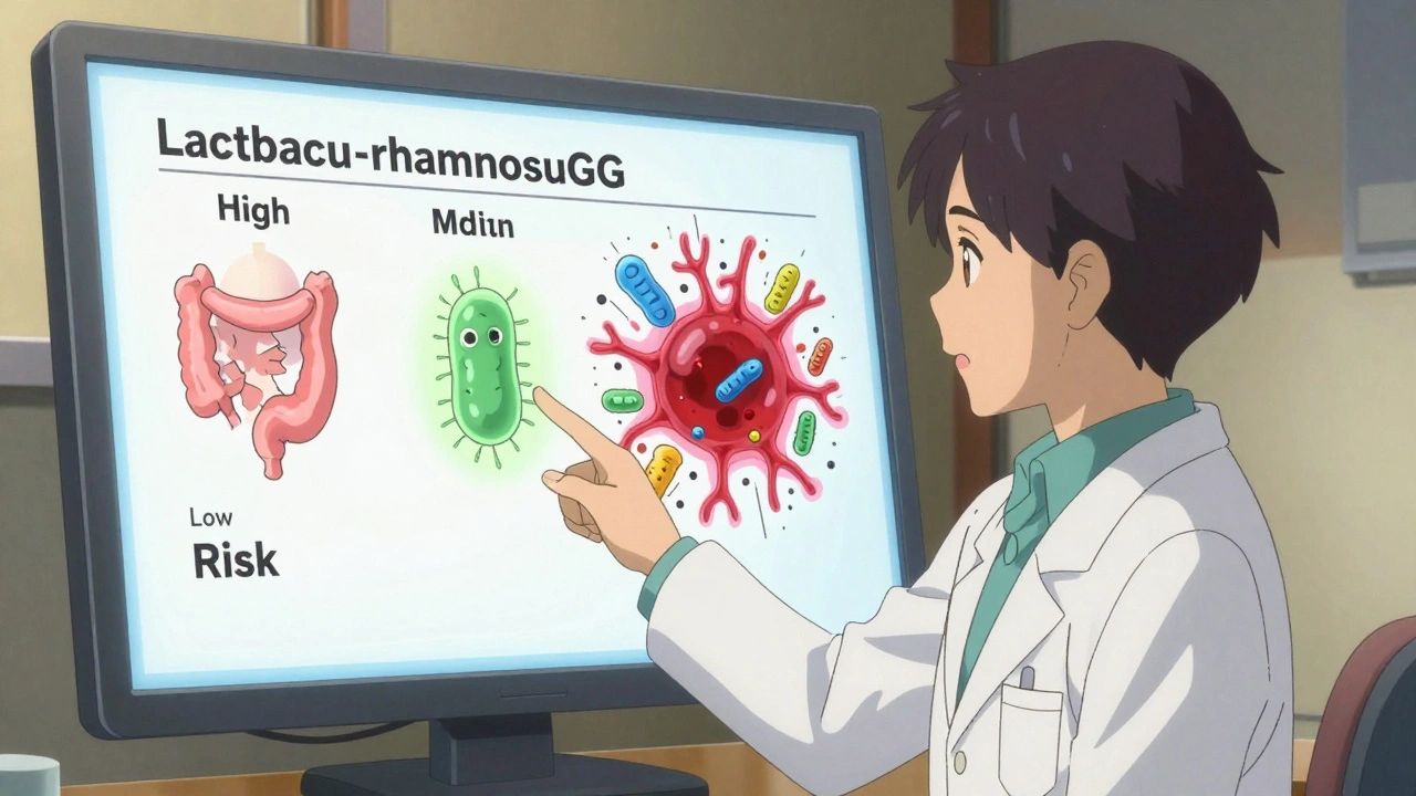 Lääkäri selittää potilaalle riskikategorioita tarkkailukuviossa, jossa näkyy bakteerien erilaiset vaikutukset.