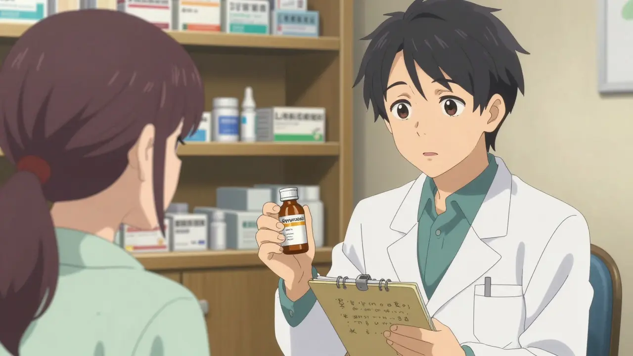 Lääkärin vastaanotolla potilas vastaanottaa lääkkeen hikityksen lievittämiseksi.