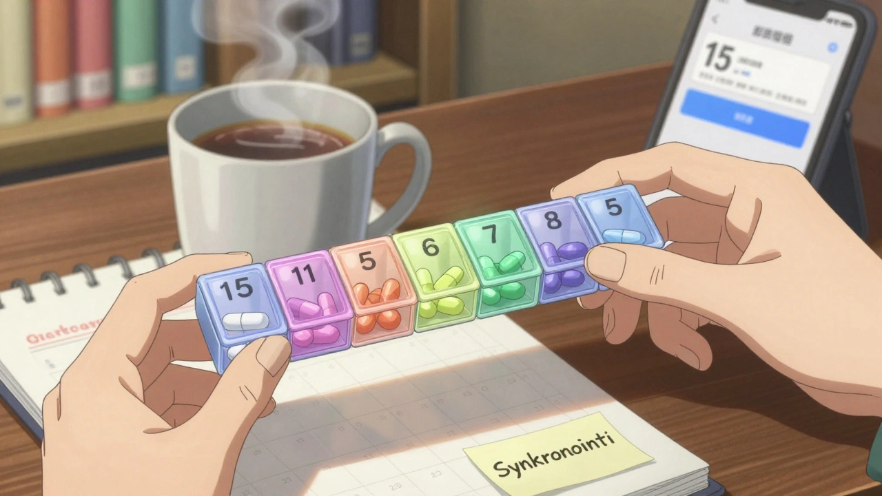 Lääkejärjestin viidellä eri värillä lääkkeellä aamun valossa.