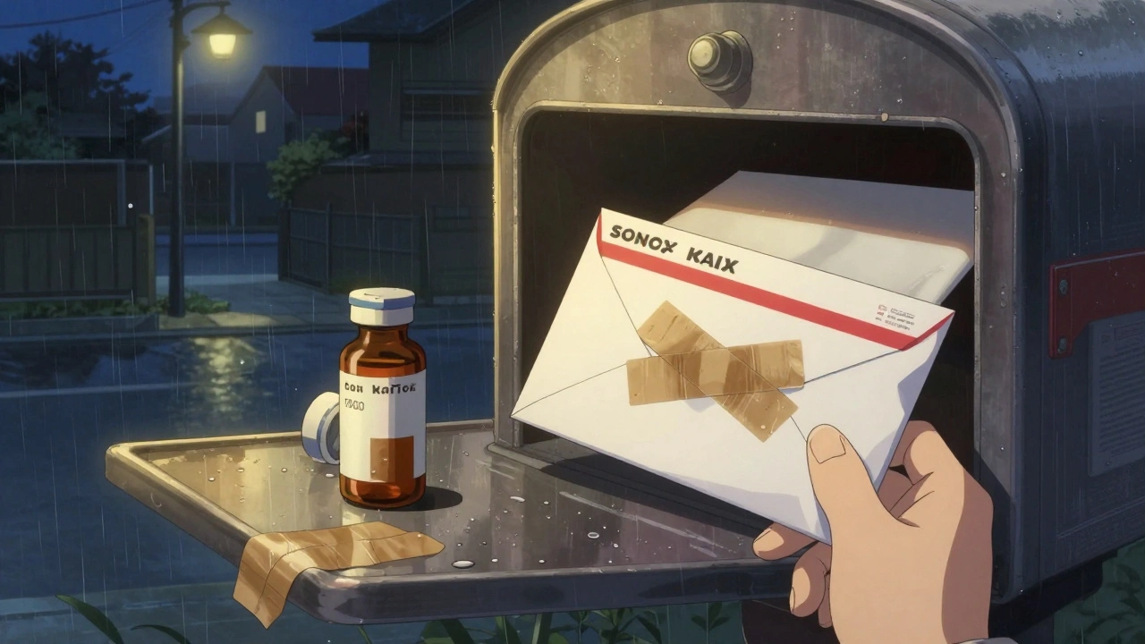 Lääkepullo postipalautuslaatikossa, alkuperäinen pullo peitetty liimakonnanalla.