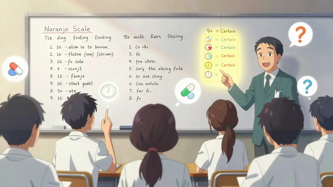 Lääketieteen opiskelijat opettelevat Naranjo-asteikkoa luokkahuoneessa.