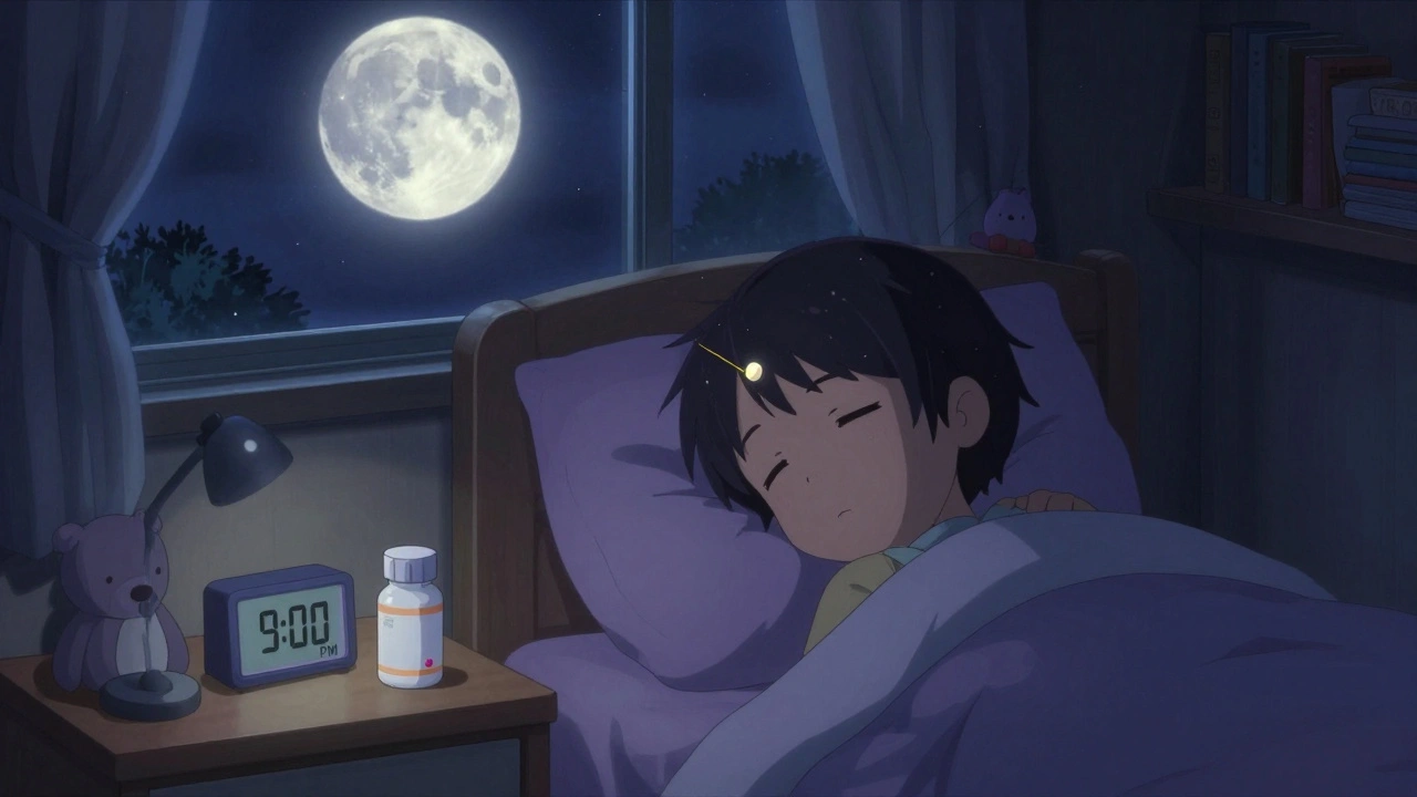 Lapsen huoneessa melatoninitabletti ja yövalo, ikkunassa kelloinen kuukuu.