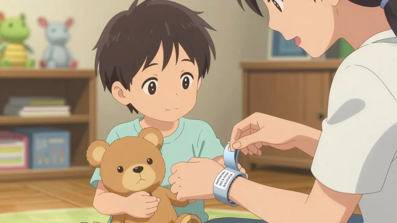 Lapsi käyttää pehmeää lääkeallergiavaroitusnauhaa käsivarressa, vanhempi tarkistaa sen.