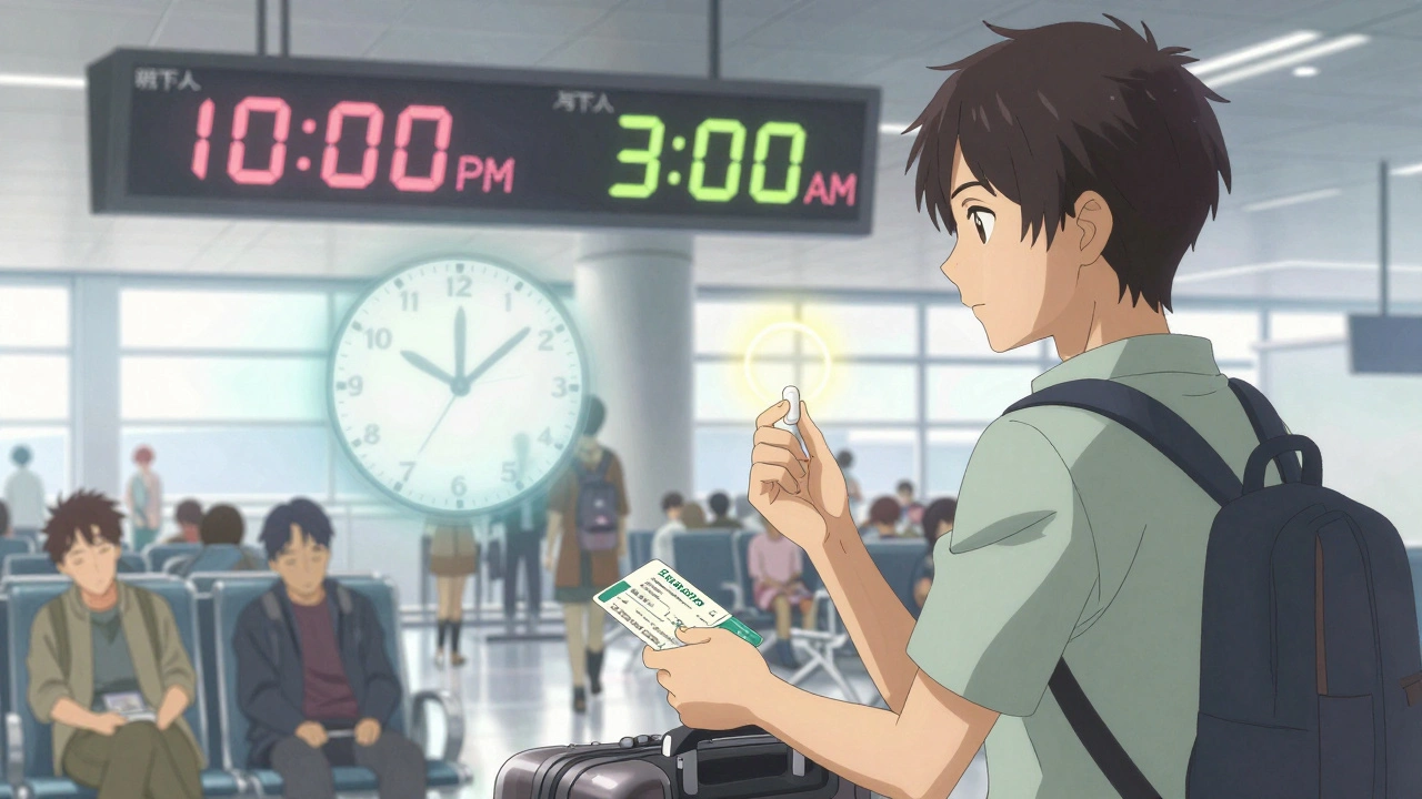 Matkustaja lentokentällä ottaa melatoninia, taustalla näkyy kaksi eri aikaa.