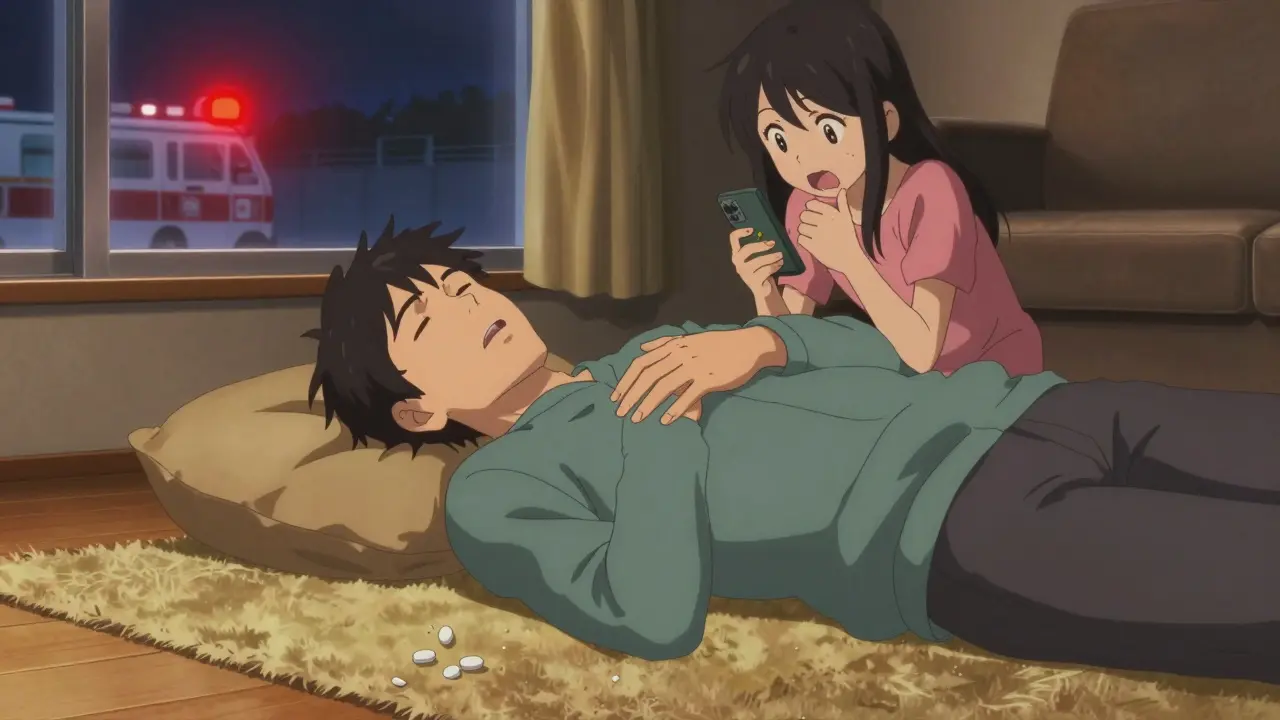 Mies makaa lattialla, tytär soittaa 112:een, aspiriini maassa, hätävalot ikkunasta.