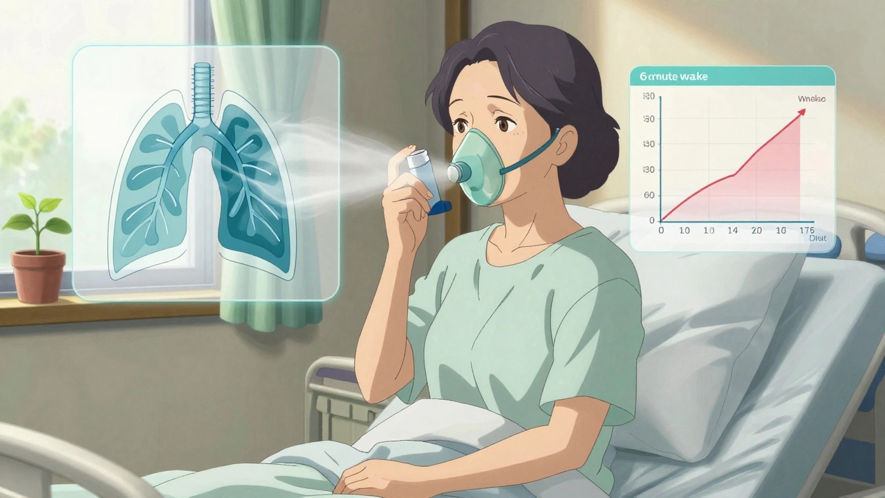 Nainen saa hengityshoitoa sairaalassa, näkymässä hengitystesti ja inhalatori.