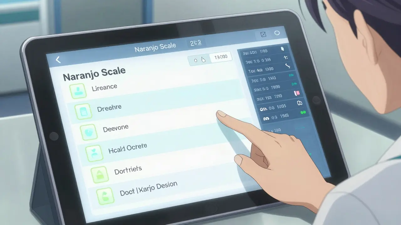 Näyttö näyttää digitaalisen Naranjo-asteikon käyttöä sairaalassa.