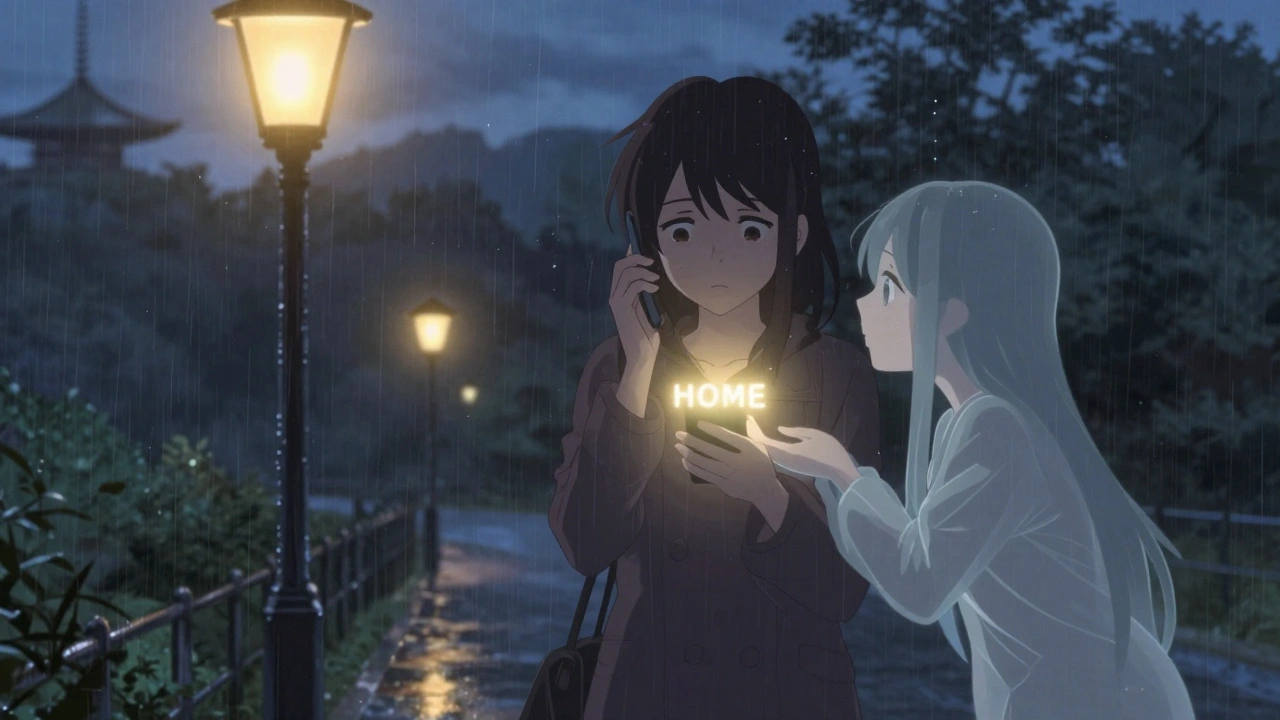 Nuori nainen puhuu puhelimessa sateessa, viestin 'HOME' valo loistaa näytöllä.