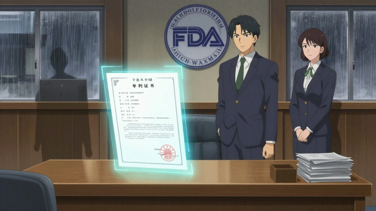 Oikeudenkäynti tilanteessa, jossa patenttioikeus on keskellä ja FDA-dokumentit kasvattavat taustalla.