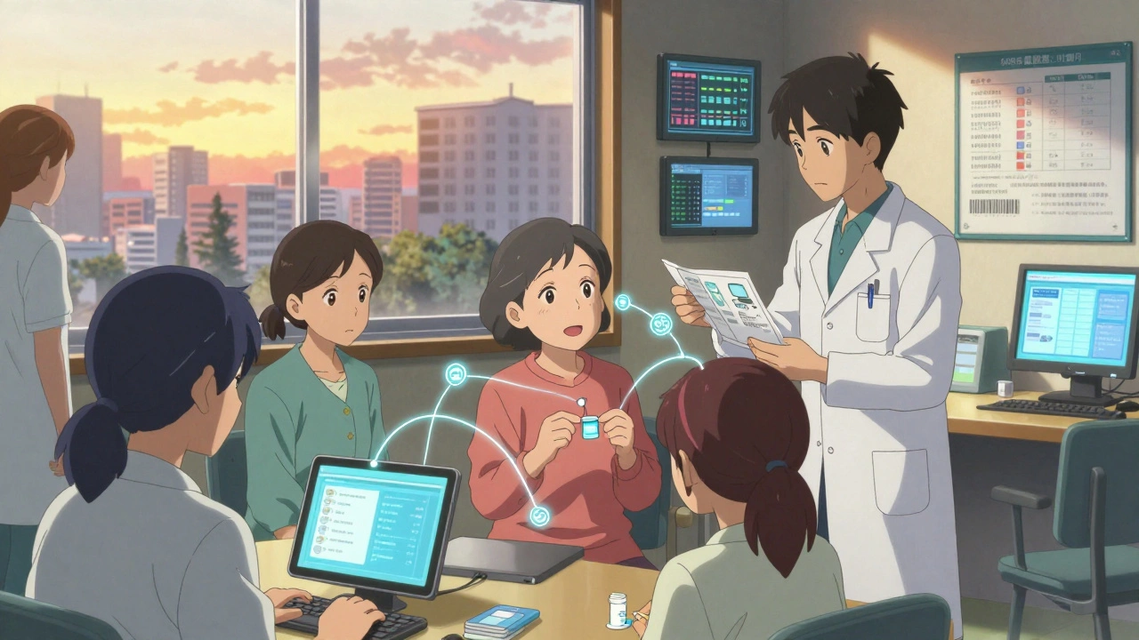 Patients and staff connected by digital health data in a cozy clinic during sunset.