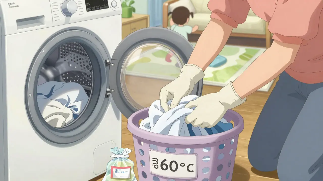 Perheenjäsen pesee potilaan erillisen pyykkiä kuumentetulla vedellä kotona.