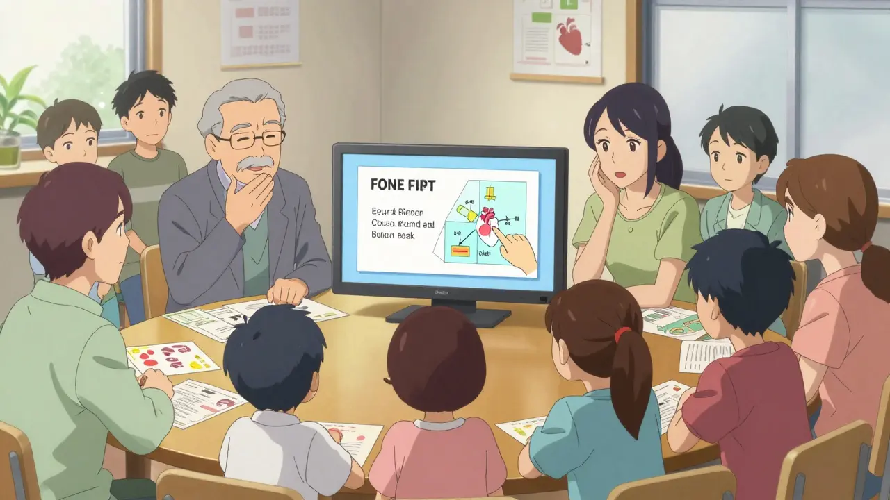 Perheet katselevat koulutusvideota sydäninfarktin oireista yhteisökeskuksessa.