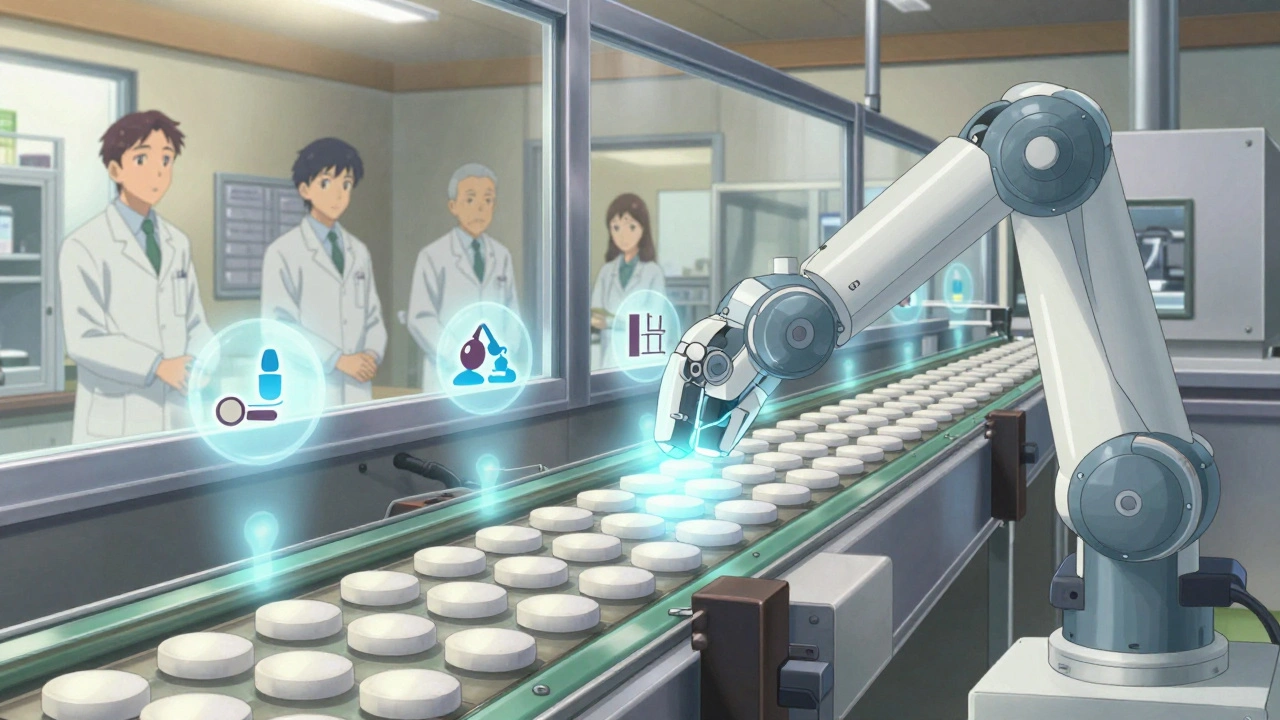 Pharmaseutinen tuotantolinja, jossa tabletit kulkevat ja tarkastetaan robothaarnikalla, valaistuna lämpimällä valolla.