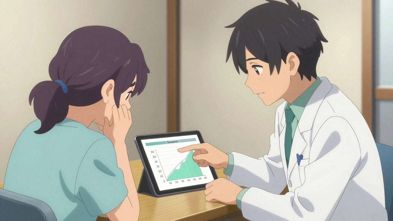 Potilas ja lääkäri tarkastelevat yhdessä symptomikirjausta näytöllä klinikalla.